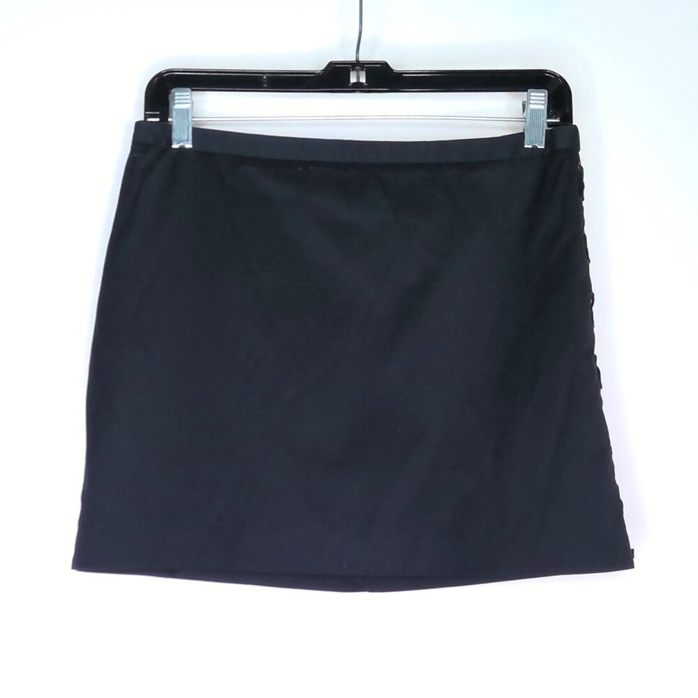 BCBG Maxazria Jet Black Mini Skirt Faux Lace Up Side Lined Short Stretch Sz 6